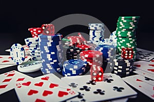 Close up stack of different colored poker chips, playing cards and dices isolated over black casino table background