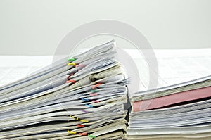 Close up stack document of account at side of wall