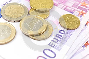 Close-up Stack of Euro banknotes and coins. 500 Euro banknotes.