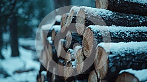 Close-up of a Stack of Firewood Covered in Snow