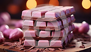 A close up of a stack of gourmet dark chocolate generated by AI
