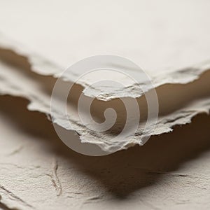 Close-up of a stack of handmade paper sheets with rough, deckled