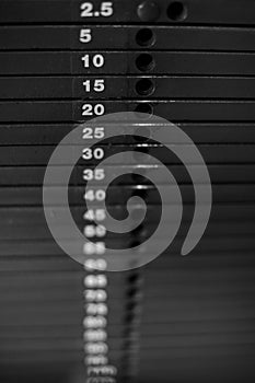 Close-up of stack metal weights in gym equipment