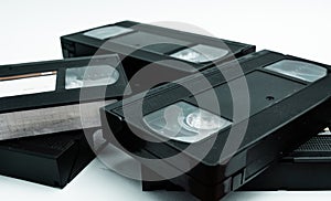 Close up of a stack of an old videotapes.