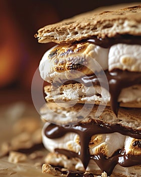 Close up of stack of pancakes with chocolate and marshmallow on wooden table