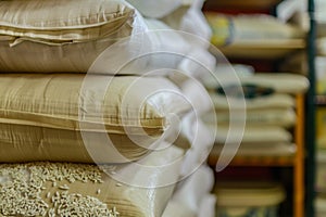 close up of a stack of rice bags in pantry