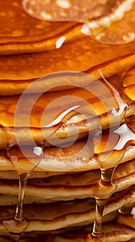 Close up stack of rich pancakes, honey or maple syrup cascades down, creating a enticing sight