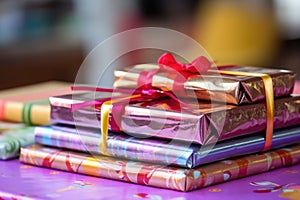 close-up on a stack of unwrapped birthday gifts