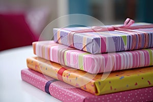 close-up on a stack of unwrapped birthday gifts