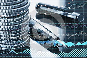 Close up of stacked coins and pen with candle stick grid graph chart of stock market investment trading. Bullish point, Bearish