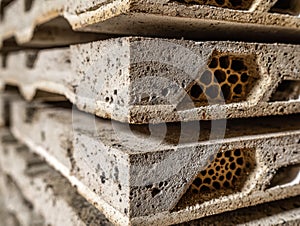 Close-up of stacked concrete bricks with hollow core design