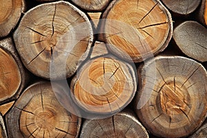 Close-up of stacked log ends showing natural patterns. Neural network AI generated
