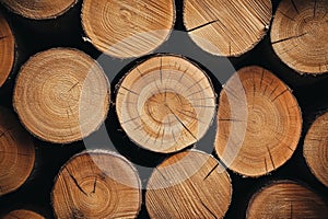 Close-up of stacked log ends showing natural patterns. Neural network AI generated