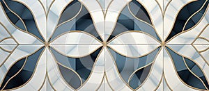 Close up of a stained glass window with a blue and white petal pattern