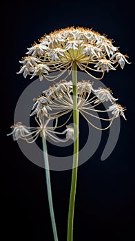 Close-up of stalk and flower of an allium plant, such as garlic or onion. The stem is white with some green at its