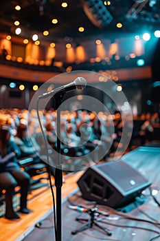 Close-up of a stand-up comedy stage ready for performance with a microphone
