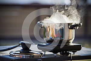 Close up standless pot food cooking on electric stove