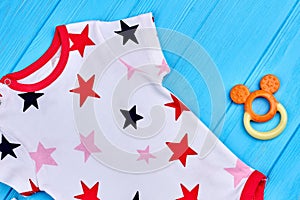 Close up of star print baby romper.