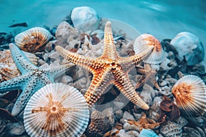 Close-up of starfish and shells in the ocean. Undersea world. Generative AI