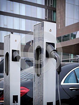 Close-up of a station for charging electric vehicles in the city