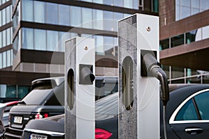 Close-up of a station for charging electric vehicles in the city