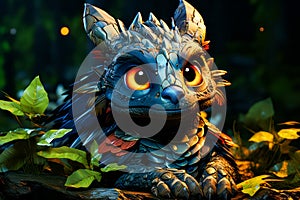 Close up of statue of dragon with orange eyes. Generative AI