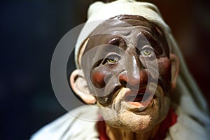 Close-up of the statue of Pulcinello head, Naples symbol, joker and clown