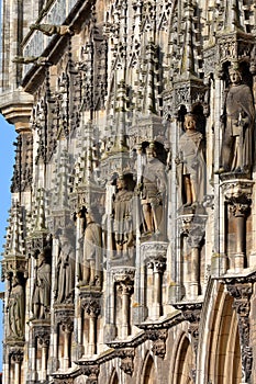 Close-up on statues and ornaments Dutch Gothic architecture on the external facade the gothic styled Stadhuis town hall