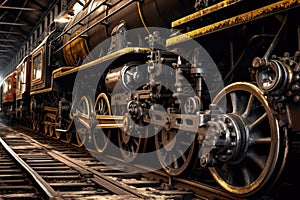close-up of steam locomotives wheels and machinery