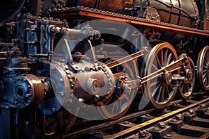 close-up of steam locomotives wheels and machinery