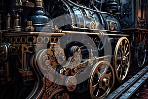 close-up of steam locomotives wheels and machinery