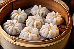 close-up of steamed chinese shrimp dumplings on bamboo steamers