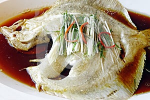 Close-up of steamed turbot