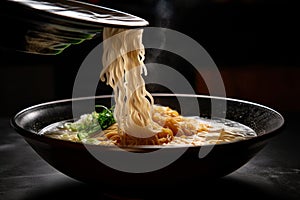 close-up of steaming bowl of ramen, with swirls of broth and noodles