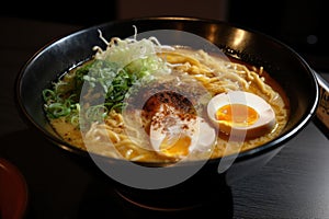 close-up of steaming bowl of rich and flavourful ramen, with swirls of creamy broth
