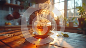 Close up of steaming cup of tea on vintage table - early morning breakfast on rustic background