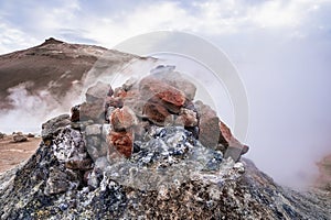 Close-up of steaming fumarole in geothermal area of Hverir at Namafjall