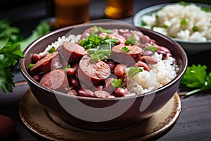 Close-up of a steaming hot bowl of red beans and rice with juicy and tender pieces of smoked sausage on top