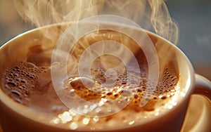 Close-up of a steaming hot cup of coffee with a golden glow.