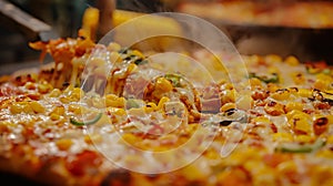 Close-up of a steaming veggie pizza with melting cheese and golden corn toppings