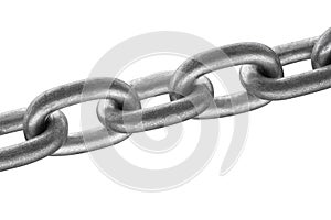 Close up of steel chain links isolated on white background.