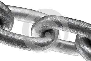 Close up of steel chain links isolated on white background.