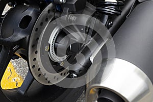 Close-up steel of disc brake of motorcycle