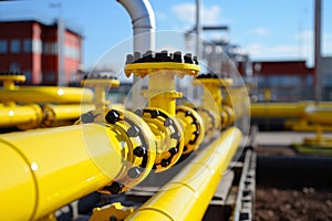Close up steel pipes natural gas concrete supports supplying propane factory tanks valves. Production energy resources