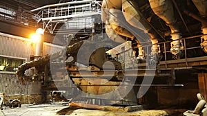 Close up for a steel production in electric furnaces, heavy industry concept. Stock footage. The melting furnace during