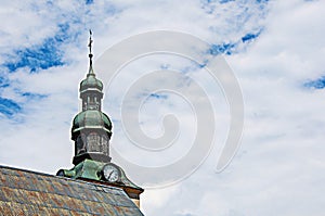 Close-up of steeple in Saint Jean Baptiste` church in MegÃ¨ve