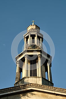 Close-up of the steeple of the St Pancras New Church, Euston Road in London.