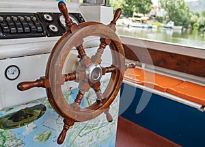 Close-up steering wheel of the boat. Sea navigation system.