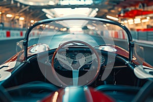 Close Up of Steering Wheel in Race Car, A point-of-view perspective from inside the sports car cockpit during a race, AI Generated