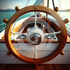 Close-up of the Steering Wheel of a Yacht. Steering Wheel on Luxury Yacht Cabin. Generative AI